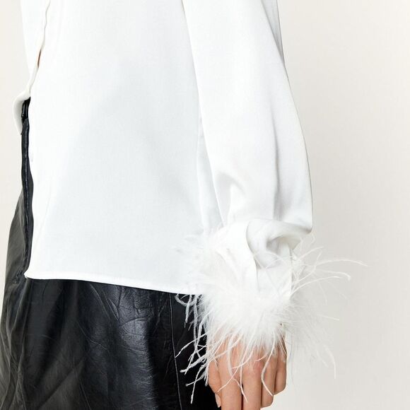 Nasty Gal Women's White Feather Cuff Satin Button Down Blouse - Picture 2 of 4